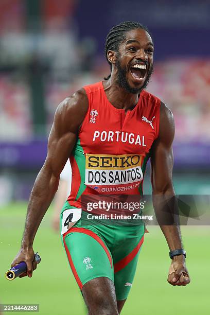 Ricardo Dos Santos of Team Portugal celebrates after the Men's 4x400 Metres Relay during day one of the World Athletics Relays Guangzhou 25 at...