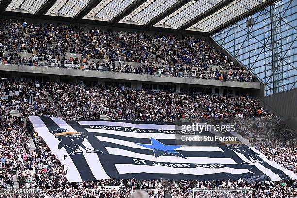 Fans of Newcastle United display a Tifo prior to the Premier League match between Newcastle United FC and Chelsea FC at St James' Park on May 11,...
