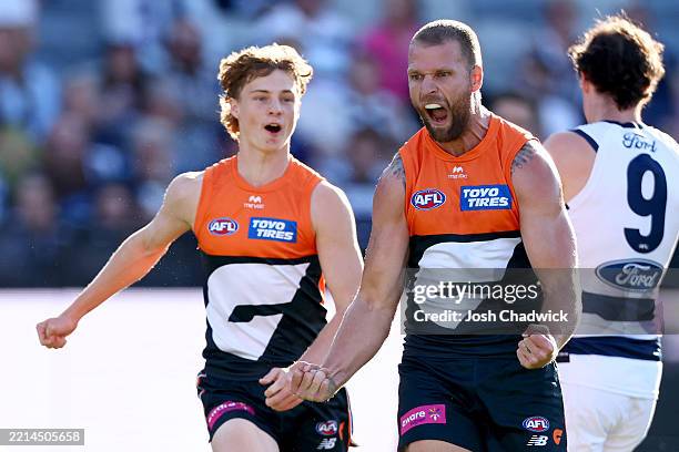 Jake Stringer of the Giants celebrates kicking a goal during the round nine AFL match between Geelong Cats and GWS Giants at GMHBA Stadium, on May 11...