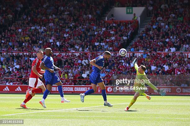 Conor Coady of Leicester City scores his team's first goal past Matz Sels of Nottingham Forest during the Premier League match between Nottingham...