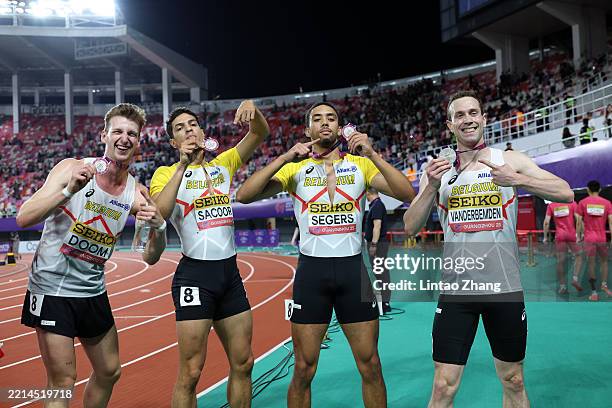 Silver medalists Alexander Doom of Team Belgium, Jonathan Sacoor of Team Belgium, Daniel Segers of Team Belgium and Robin Vanderbemden of Team...