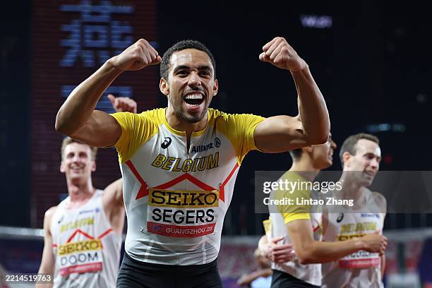 Silver medalist Daniel Segers of Team Belgium celebrates after the Men's 4x400 Metres Relay Final during day two of the World Athletics Relays...