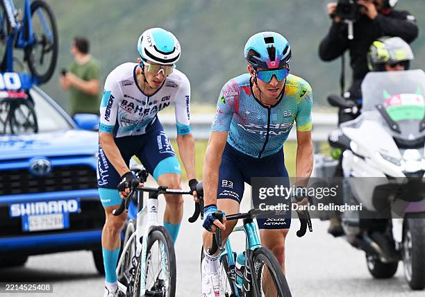 Pello Bilbao of Spain and Team Bahrain - Victorious and Lorenzo Fortunato of Italy and Team XDS Astana compete in the breakaway during the 108th Giro...