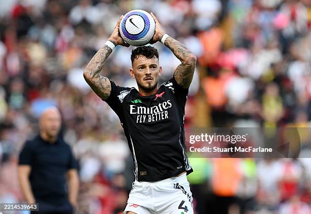 Ben White of Arsenal prepares to take a throw-in during the Premier League match between Liverpool FC and Arsenal FC at Anfield on May 11, 2025 in...