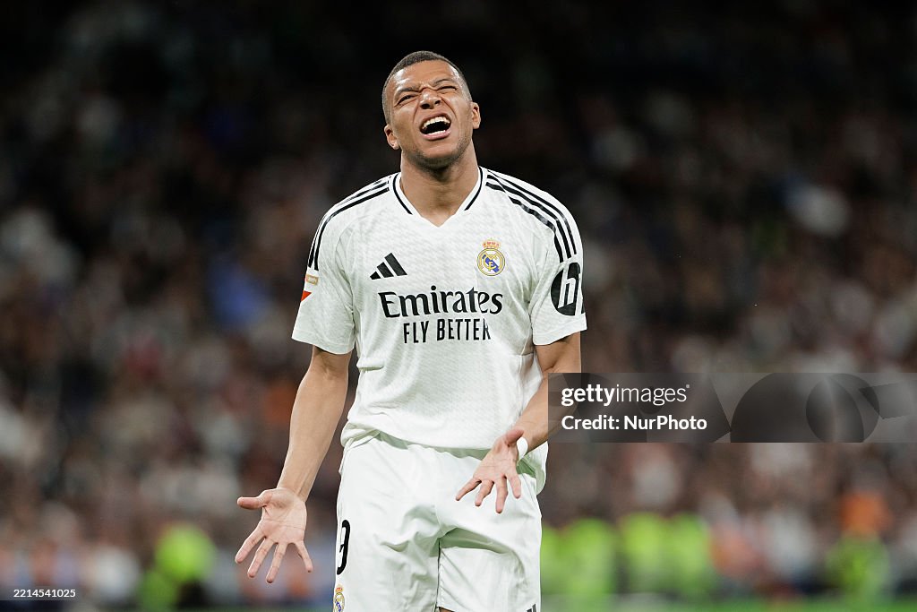 Kylian Mbappe of Real Madrid reacts to a missed opportunity during