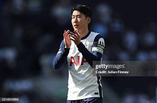 Son Heung-Min of Spurs thanks the support during the Premier League match between Tottenham Hotspur FC and Crystal Palace FC at Tottenham Hotspur...