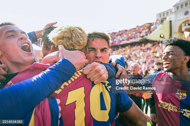 Lamine Yamal of FC Barcelona celebrates with team mates after Fermin Lopez of FC Barcelona scored their team's fifth goal which was disallowed after...