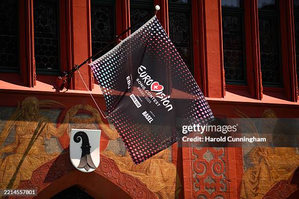 The Eurovision Song Contest 2025 flag is displayed during the Turquoise Carpet of the 69th Eurovision Song Contest Opening Ceremony at Messe Basel on...