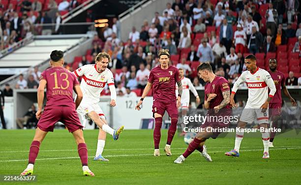 Nick Woltemade of VfB Stuttgart scores his team's second goal during the Bundesliga match between VfB Stuttgart and FC Augsburg at MHPArena on May...