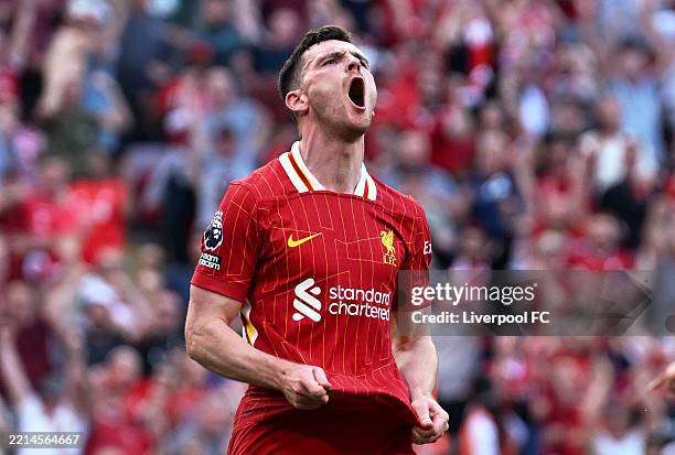 Andrew Robertson of Liverpool reacts, after scoring a goal, which was later ruled out for a foul on Myles Lewis-Skelly of Arsenal by Ibrahima Konate...