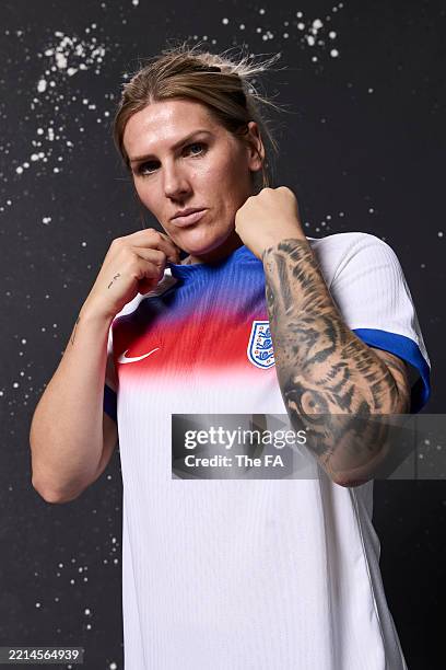 Millie Bright of England poses during the England Women's Kit Launch Portrait Session at St Georges Park on February 17, 2025 in Burton-upon-Trent,...