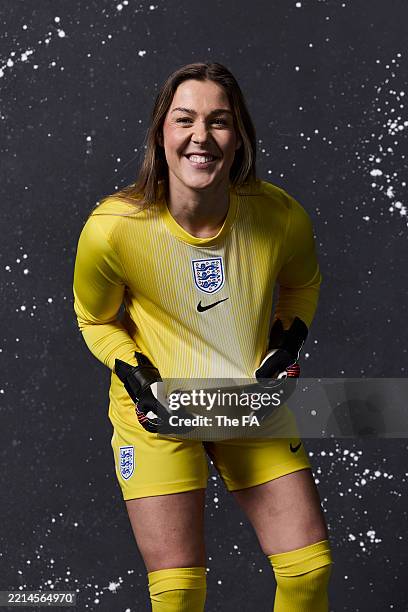 Mary Earps of England poses during the England Women's Kit Launch Portrait Session at St Georges Park on February 17, 2025 in Burton-upon-Trent,...