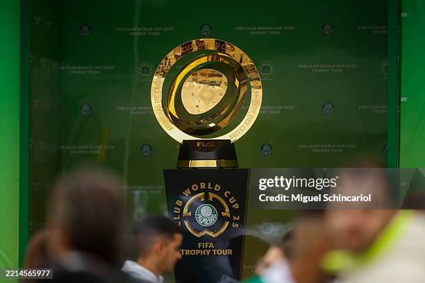 The FIFA Club World Cup 2025 trophy is on display before a match between Palmeiras and Sao Paulo as part of Brasileirao 2025 at the Arena Barueri on...
