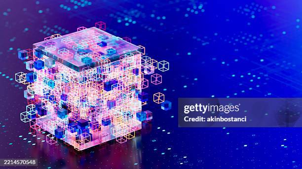 glowing abstract data cubes, artificial intelligence technology - glowing cube stock pictures, royalty-free photos & images