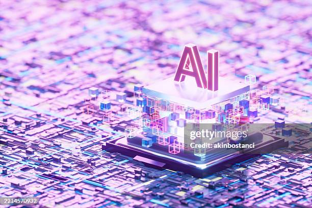 artificial intelligence cpu on motherboard with illuminated data cubes, ai technology concept - large language model stockfoto's en -beelden
