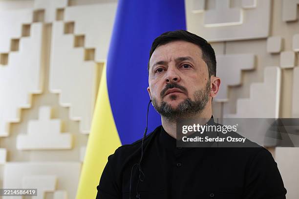 Ukrainian President Volodymyr Zelensky speaks to media after his meeting with Turkish President Recep Tayyip Erdogan on May 15, 2025 in Ankara,...