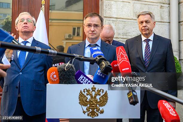 Russia's delegation head Vladimir Medinsky speaks to press ahead of a planned meeting between Ukrainian, American and Russian delegates in istanbul...