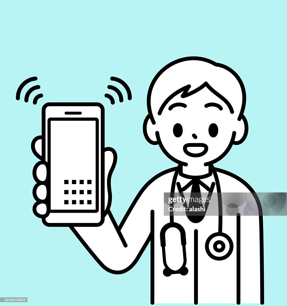 A young doctor in a white coat with a stethoscope is smiling, showing a smartphone screen, looking at the viewer. Front view, black outline with flat colors, minimalist style