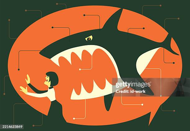shark chasing woman inside speech bubble - ransomware attack stock illustrations