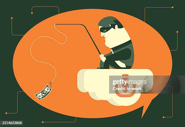 scammer sitting on cloud and phishing inside speech bubble - financial crime stock illustrations