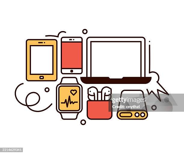 illustrations, cliparts, dessins animés et icônes de conception de bannière de concept d’ordinateur et d’appareils. ordinateur portable, tablette pc, haut-parleur, appareil photo, drone - souris dordinateur