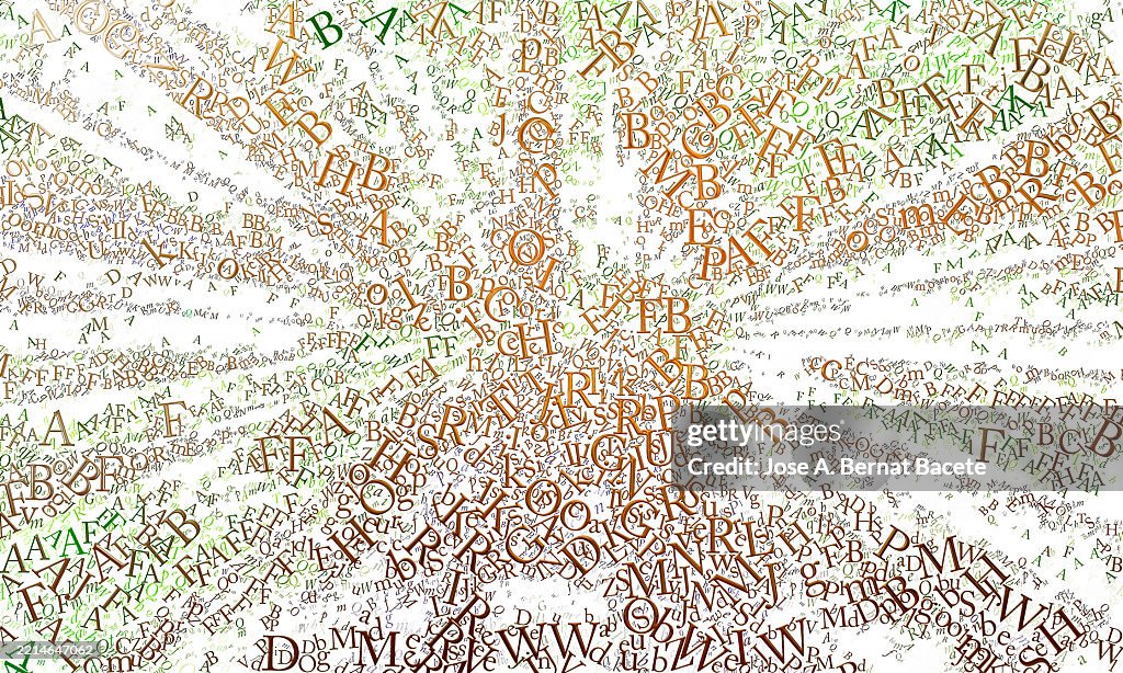 Abstract background, embossed golden jumbled alphabet letters with vanishing point effect on a white background.