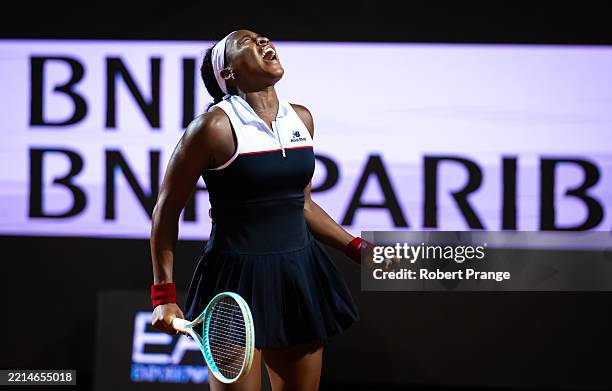 Coco Gauff of the United States reacts to defeating Qinwen Zheng of China in the semi-final on Day Eleven of the Internazionali BNL D'Italia at Foro...