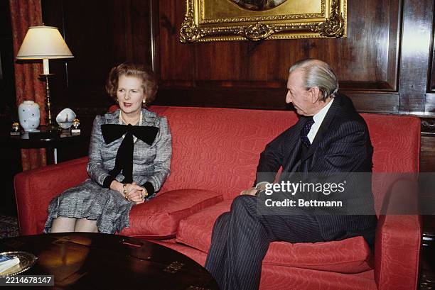 British Prime Minister Margaret Thatcher and UN Secretary General Kurt Waldheim pictured during a meeting at 3 Sutton Place, New York, February 28th...