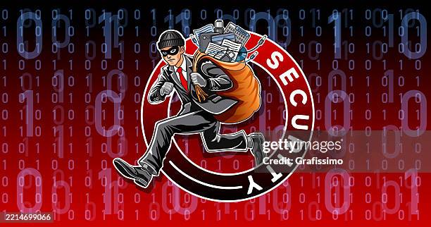 datendieb stiehlt informationen und hardware, um die identität des benutzers zu stehlen - räuber stock-grafiken, -clipart, -cartoons und -symbole
