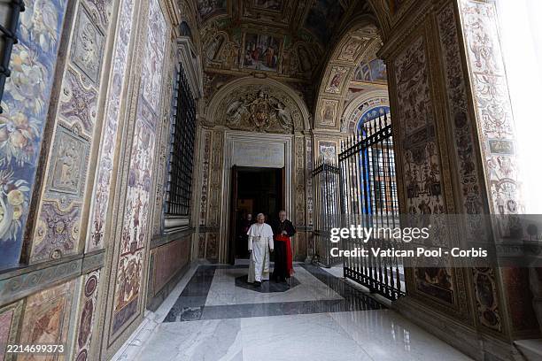 Pope Leo XIV visits the papal apartment at the Apostolic Palace, on May 12, 2025 in Vatican City, Vatican. Pope Leo has reopened the papal apartment...