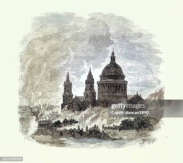 illustrazioni stock, clip art, cartoni animati e icone di tendenza di cattedrale di st. paul che si eleva sopra lo smog di londra, inquinamento atmosferico, vittoriano 19 ° secolo - smog