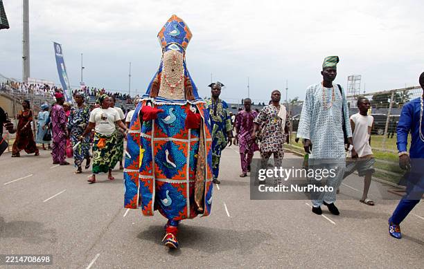 Masquerade performance takes place during the grand finale of the World Egungun Festival 2025, organized by the Oyo State Ministry of Culture and...
