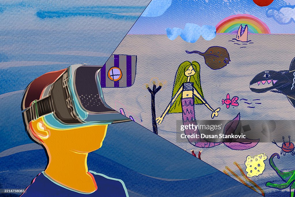 Boy wearing VR headset projecting underwater cartoon world