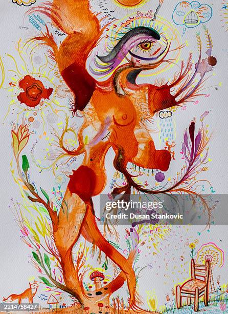 surreal watercolor figure blooming with organic forms and symbols - postmodern stock illustrations