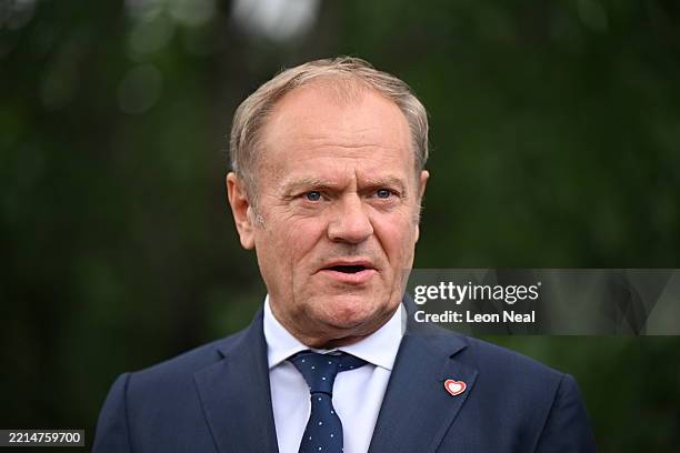 Poland's Prime Minister Donald Tusk talks to the press after their meeting on May 16, 2025 in Tirana, Albania. The EPC brings together heads of state...