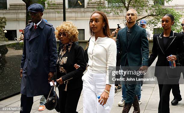 Janice Combs, Chance Combs, Quincy Brown and Jessie Combs depart after the opening statements in the Sean “Diddy” Combs trial at the Southern...