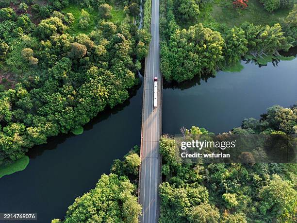 aerial view of a truck crossing a bridge over a serene river - green bridge over trees stock pictures, royalty-free photos & images