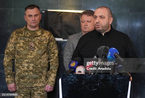 Rustem G Ukrainian Defense Minister Rustem Umerov speaks to press after the ...