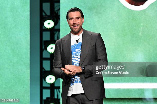 Travis Kelce speaks onstage during Amazon's Upfront 2025 Presentation at Beacon Theatre on May 12, 2025 in New York City.