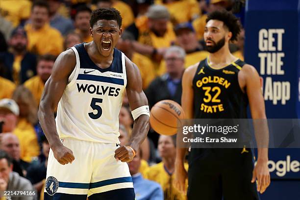 Anthony Edwards of the Minnesota Timberwolves reacts against the Golden State Warriors during the third quarter in Game Four of the Western...