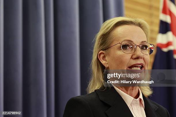 Leader of the Opposition Sussan Ley addresses the media at a press conference at Parliament House on May 13, 2025 in Canberra, Australia. Ley became...