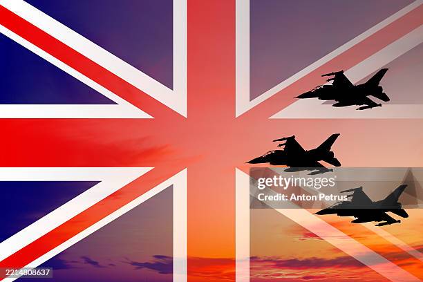 fighter jets and uk flag. military aviation in united kingdom - military parade stock pictures, royalty-free photos & images