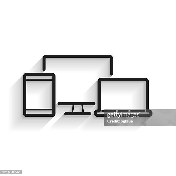 desktop computer, tablet pc and laptop. line icon with long shadow on white background - tv screen isolated stock illustrations