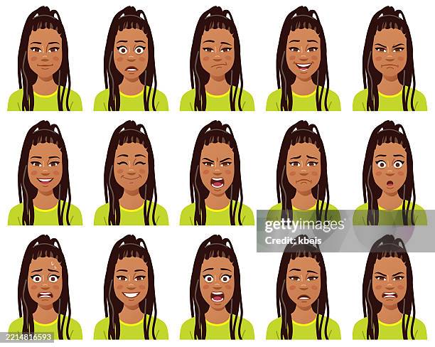 stockillustraties, clipart, cartoons en iconen met young black woman with braids portrait- facial expressions set - dreadlocks