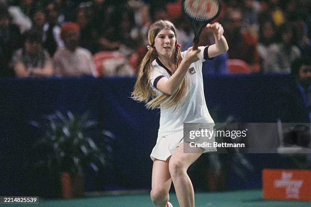 American tennis player Andrea Jaeger in action, April 7th 1981.