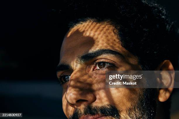 close-up shot of sunlight shining on man looking away - close up face stock pictures, royalty-free photos & images
