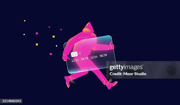 ilustraciones, imágenes clip art, dibujos animados e iconos de stock de hacker robando ilustración vectorial de tarjeta de pago - broma pesada