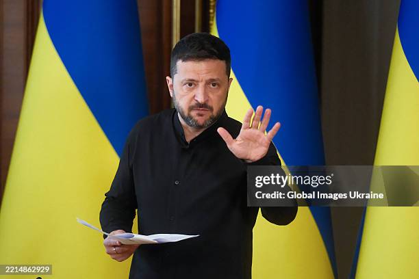 President Volodymyr Zelensky speaks during a press conference on the negotiations in Istanbul, on May 13, 2025 in Kyiv, Ukraine. Vladimir Putin has...