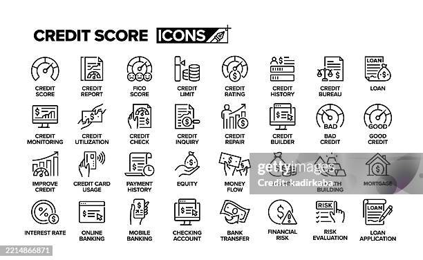 stockillustraties, clipart, cartoons en iconen met credit score line icon set. group of objects. credit report, credit limit, loan, mortgage, money flow, budget, banking. - hypotheek