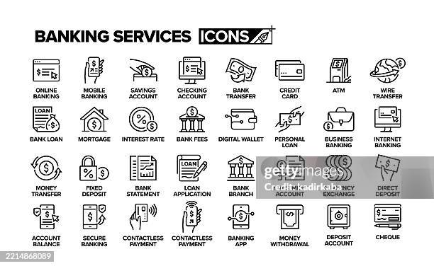 ilustraciones, imágenes clip art, dibujos animados e iconos de stock de conjunto de iconos de línea de servicios bancarios. grupo de objetos. banca móvil, banca en línea, cajero automático, préstamo bancario, hipoteca, tasa de interés, billetera digital, transferencia bancaria. - banca digital